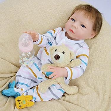 Imagem de Boneca bebe reborn realista,Natal Bebe reborn de silicone recem nascido realista,18 Polegadas De Vinil Macio Feito à Mão bebe reborn silicone com Pijama de gatinho amarelo, mamadeira, chupeta,Menino