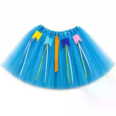 Imagem de Saia Junina Infantil de Tule com Bandeirinhas e Fitas 30CM Azul Claro Extra Festas