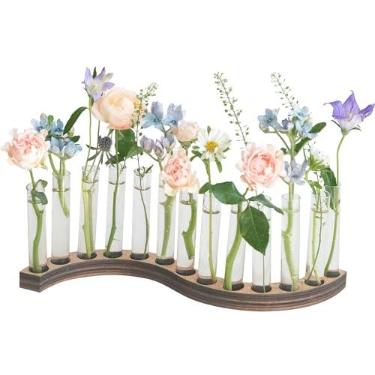 Imagem de Vasos de tubo de ensaio para flores, estação de propagação de plantas pequenas, terrário de plantas em forma de S com suporte de madeira (âmbar)