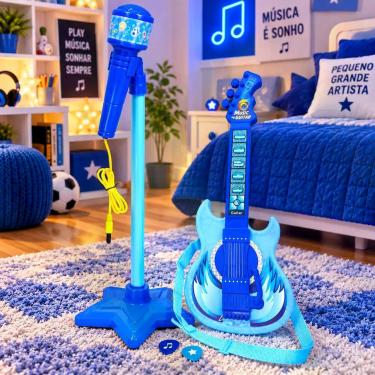 Imagem de Guitarra Infantil Azul 50cm com Microfone e Pedestal Karaokê MP3 - IMP