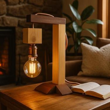 Imagem de Luminária Abajur de Mesa Rústica Artesanal em Madeira Premium 30cm – Sala |Quarto |Escritório | Cabo 1,20cm e Interruptor | Estilo Industrial | Minimalista | Moderno - by Ateliê TH Wood Art