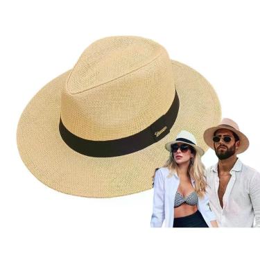 Imagem de Chapéu Panamá OEM Moda Aba Larga Palha Sintética Tamanho Único 58-60 Bege Neutro Praia Casual Unissex