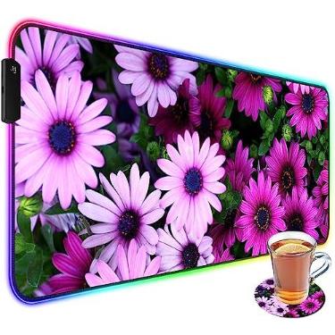 Imagem de CICPLKSE Tapete de mouse para jogos RGB personalizado e porta-copos de café, base de borracha antiderrapante de LED grande, tapete de mouse para mesa de computador, 70 x 30 cm, margarida africana