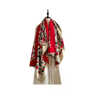 Imagem de Cachecol De Cashmere Com Estampa Floral Para Mulheres, Xale Com Franja