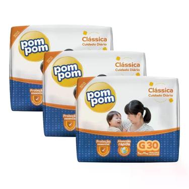 Imagem de Kit 3 Fralda Descartável Infantil Pom Pom Clássica Cuidado Diário Mega