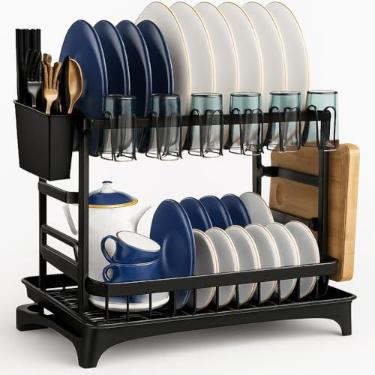 Imagem de Escorredor de Louça em Aço Carbono Inoxidável com Drenagem automática, Antiderrapante, Bandeja Resistente a Ferrugem Modular Multifuncional (Preto)