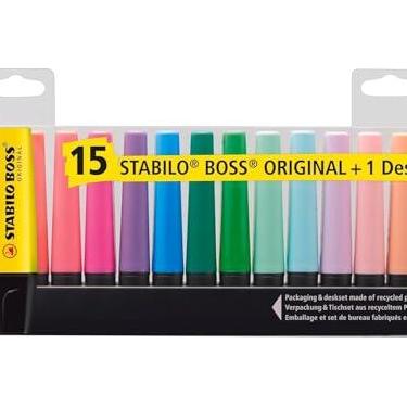 Imagem de STABILO BOSS ORIGINAL Marca Texto – Estojo com 15 unidades + Suporte de mesa – Em 15 cores