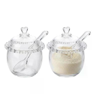Imagem de Kit 2 Açucareiros de Cristal com Colher Detalhes Coração Porta Açúcar Mesa Posta Transparente Lyor