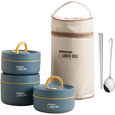 Imagem de Caixa Isolada Bento | Conjunto Caixa Térmica Bento | Lancheira Azul Adulto com Garfo e Colher, Recipiente de Comida Empilhável Interior de Aço Inoxidável