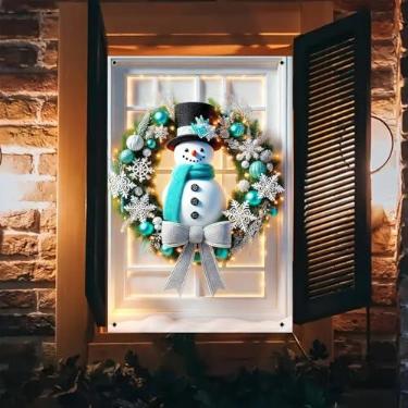 Imagem de BlissYard Capa de janela de Natal, guirlanda de boneco de neve, faixa de janela de feriado, azul, verde, prata, bolas de Natal, arco de floco de neve, festa de Natal, decoração sazonal interna, fundo