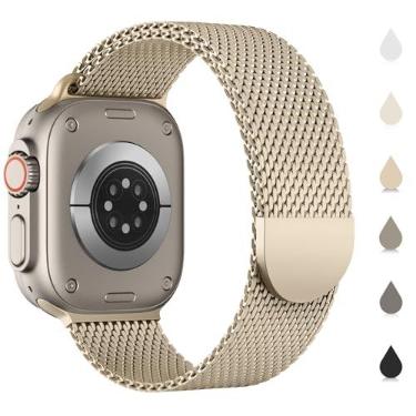 Imagem de Pulseira original de metal milanês compatível com Apple Watch Ultra 2 séries 9, 8, 7, 6, SE 5, 4, 3, 2 e 1, ouro champanhe