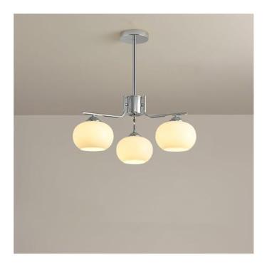 Imagem de Lustre de vidro leitoso moderno de meados do século, luminária pendente de bola dourada, cromada, lustre embutido Sputnik, luz de teto preta e branca, compatível com sala de jantar do quarto