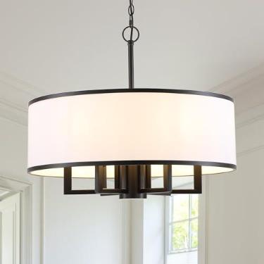 Imagem de Lustre de tambor de 61 cm, lustre de tambor grande moderno com sombra branca, lustre preto para pendurar luz de teto para sala de jantar, sala de estar, hall de entrada, cozinha, entrada, altura