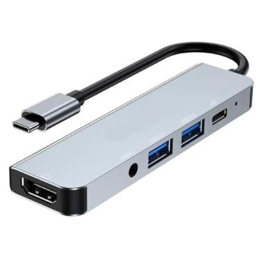 Imagem de Hub Usb-c Adaptador 5 em 1 USB Tipo-C para Hdmi + Usb 3.0 + PD + Áudio P2 - (Hard Glass Store)