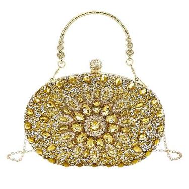 Imagem de McBecdy Bolsas clutch femininas com strass para noite bolsas brilhantes de cristal para festa de casamento, Dourado, Corrente removível