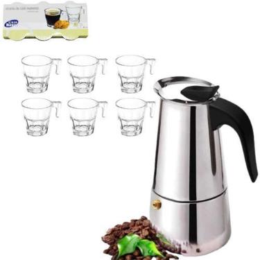 Imagem de Kit Cafeteira Italiana Inox indução e Jogo 6 Xícaras Vidro canecas de