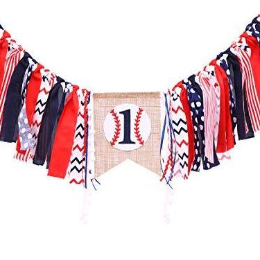 Imagem de Faixa de beisebol para aniversário de 1 ano – Decorações de primeiro aniversário para guirlanda de tecido de fita de beisebol, adereços de cabine de fotos, vermelho, branco, azul, lembrança de aniversário e presentes para meninos
