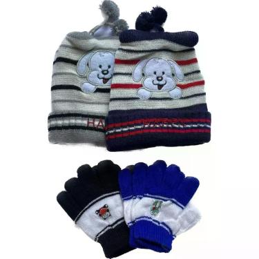 Imagem de Touca e Luva Infantil OEM Touca Gorro + Luva Animaizinhos Poliéster 17x15 Azul Menino