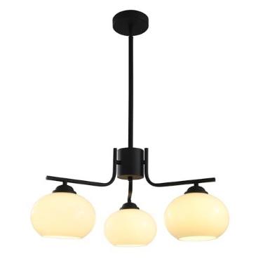 Imagem de Lustre moderno de meados do século XX com 3 lâmpadas, luminária pendente de vidro leitoso, lustre Sputnik preto com grande globo de vidro para sala de jantar, sala de estar e ilha de cozinha