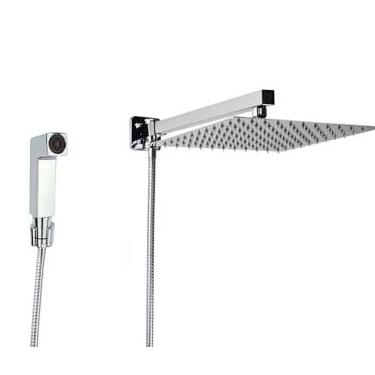 Imagem de Ducha Chuveiro Inox Quadrado 25x25 cm Cromado com Desviador Quadrado e Chuveirinho Manual Cromado em ABS (AMG-817)