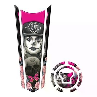 Imagem de Adesivo Faixa Gravata Tanque E Bocal Moto Resinado Caveira Rosa