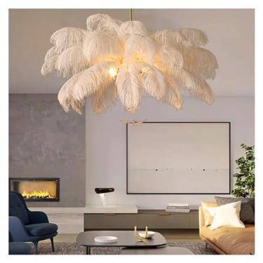 Imagem de Candelabro de penas brancas compatíveis com o quarto, lustre suspenso de penas de avestruz, lâmpadas de lustre