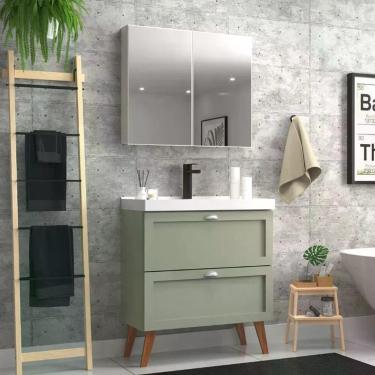 Imagem de Gabinete Para Banheiro Com Cuba E Armario 80cm Retro Mdf Verde Milano - On Móveis