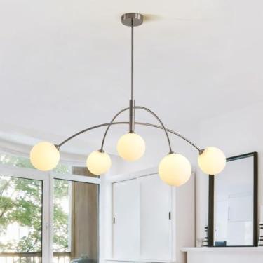 Imagem de Fulesi Lustre moderno de meados do século, luminária Sputnik prata clara com sombra de globo de vidro branco, candelabro Sputnik moderno ajustável para sala de jantar, cozinha, quarto