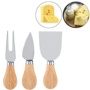 Imagem de Kit Completo Para Queijo Tábua De Madeira Com 3 Utensílios Em Estoque 