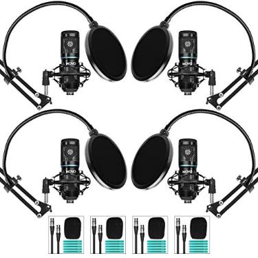 Imagem de Movo Pacote com 4 microfones condensadores XLR universais PodPak4A para 4 unidades – Inclui microfones cardioides, suportes de mesa, suportes de choque, filtros pop e cabos de áudio – Podcasting