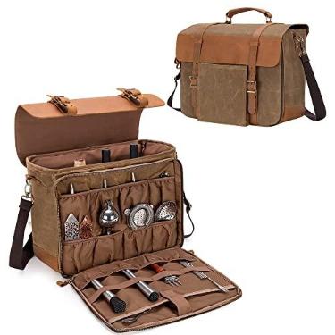 Imagem de LoDrid Bolsa de bartender portátil para kits de bares, estojo vintage de couro genuíno encerado com divisórias internas grossas e alça de ombro ajustável para fazer coquetéis, apenas bolsa, (Patente pendente)