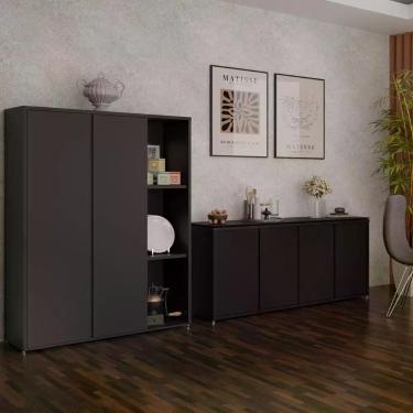 Imagem de Conjunto Sala De Jantar 2 Peças Armário Alto E Buffet Balcão - Preto Preto