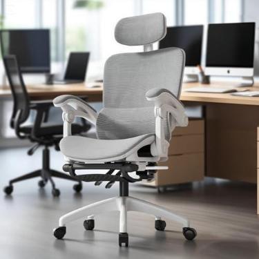 Imagem de Cadeira de escritório ergonômica NR-17 testada, reclinável até 145° com apoio para os pés, almofada de ar, cabide e apoio de cabeça ajustável – Gamer e home office (Branco)