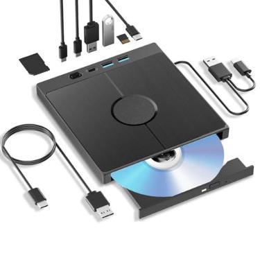 Imagem de Yaeonku Unidade Bluray externa 7 em 1, gravador de DVD Blu-ray 3D tipo C USB 3.0 tipo C, gravador de DVD óptico externo fino com slot para cartão SD/TF, 2 portas USB 3.0, 2 portas tipo C para laptop,
