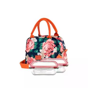Imagem de Bolsa Térmica Floral Com 2 Potes De Vidro Herméticos Marmita Azul