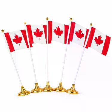 Imagem de Kit 5 Mini Bandeiras de Mesa Canadá com Haste e Base 30cm Vermelho Neotrentina