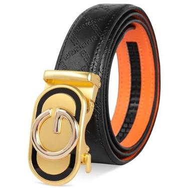 Imagem de Aurolran Cinto de couro masculino e feminino com fivela automática cor preta prata dourado, A18 - preto e dourado, 43 inches Length Adjustable
