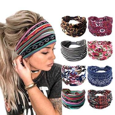 Imagem de Bohend Bandanas femininas estilo boho largas, 8 peças, faixas de cabelo de algodão elástico que não escorregam (Boho, tamanho uniforme)