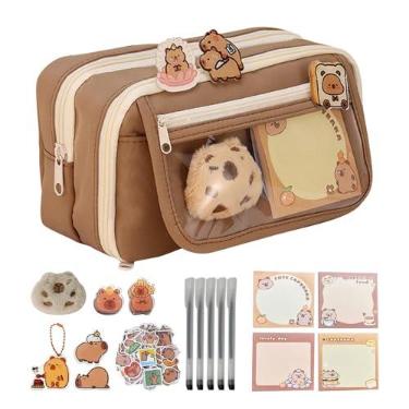 Imagem de Estojo De Lápis Capivara Bonito, Bolsa De Lápis De Grande Capacidade E Multicamadas, Materiais Escolares Capivara, Com Chaveiros E Broches Adesivos Para Bonecas Capivaras