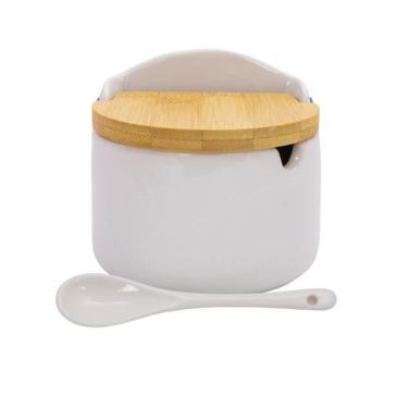 Imagem de Açucareiro Saleiro Porta Condimento De Porcelana Branca Colher Tampa B