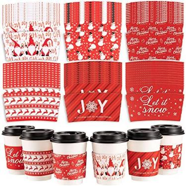 Imagem de Whaline Pacote com 60 capas de papel de camada dupla vermelhas para copos de papel de 12 e 473 ml com 6 designs de boneco de neve descartável, jaqueta de papel de Papai Noel para chocolate quente e bebidas frias