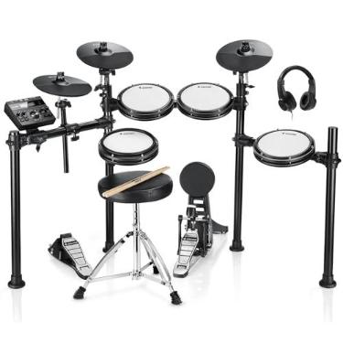 Imagem de Donner DED-200 Conjunto de bateria eletrônica com tambores silenciosos com peles de malha, 2 pratos com função de abafamento (choke), 31 kits e mais de 450 sons, banco, fones de ouvido, baquetas, usb