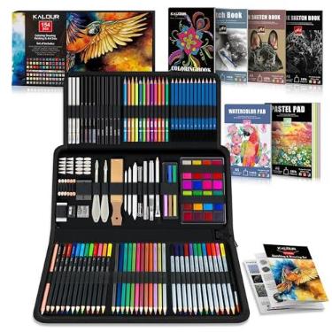 Imagem de KALOUR 154 peças de materiais de arte para artistas – kit de desenho com 6 cadernos, tutorial, papel de colorir – grafite, colorido, carvão, aquarela e lápis metálicos – para artistas e iniciantes