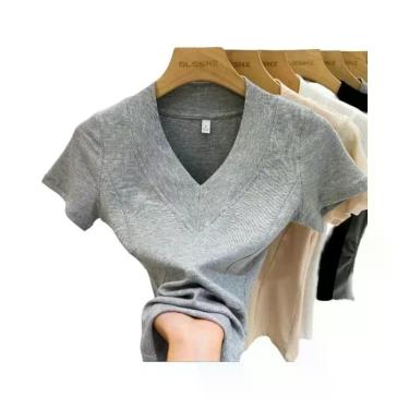 Imagem de Camiseta Feminina Branca De Malha Canelada Com Decote Em V, Ajuste Sli