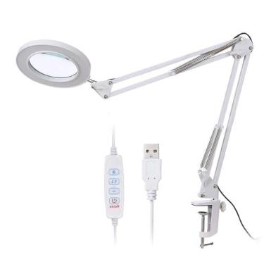 Imagem de Lupa com Lentes de Aumento LEDs Clamp Clip Light 8X 10 Níveis Brilho Ajustável Dimmable 3 Cores Mudança Temperatura USB Powered Foldable Flexible Brac