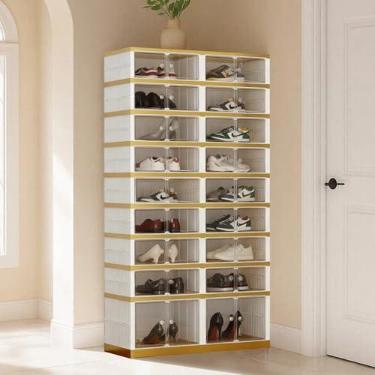 Imagem de SYNCVIBE Organizador de sapatos dobrável, organizador de sapatos dobrável, 9 camadas, 36 pares de caixas de armazenamento de sapatos, suporte dobrável com portas magnéticas transparentes, organizador