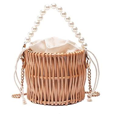 Imagem de Aktudy Bolsa feminina de verão boêmia rústica de palha de vime com alça de pérola e fecho de cordão, cor 23, tamanho 16 x 16 x 14 cm
