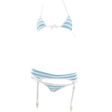 Imagem de SINMIUANIME Women Japanese Style Anime Lingerie Sexy Blue/Pink Striped Micro Bikini Cosplay Bra and Panty Set (204Blue)