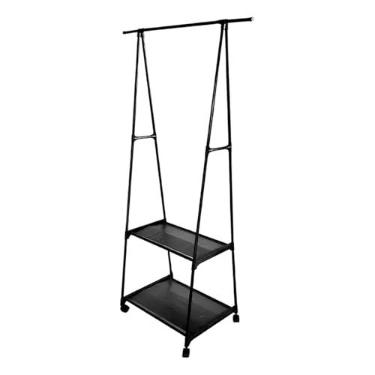 Imagem de Arara de Roupas com Prateleiras, Organizador em Ferro Preto, 160x55x42cm, 2 Prateleiras e Rodinhas, para Closet e Lavanderia, Suporta 5kg