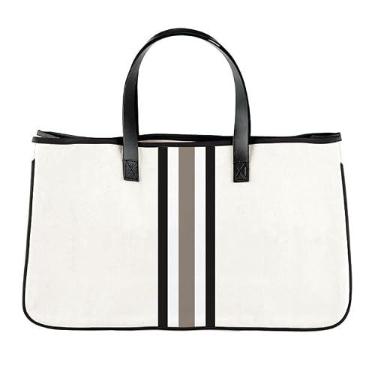 Imagem de Santa Barbara Design Studio Bolsa de lona listrada Racer - Alças de couro e forro à prova d'água, Natural + cinza, branco, 11" H x 20" W x 6" D, Inside Pocket: 7.5" H x 9" W, Preppy, casual, esportivo